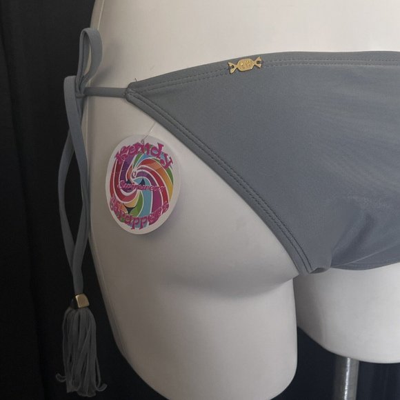 Kandy Wrapper Bikini Bottoms Grey Ties Side Tassel String Bathing Suit New Med - Picture 7 of 12